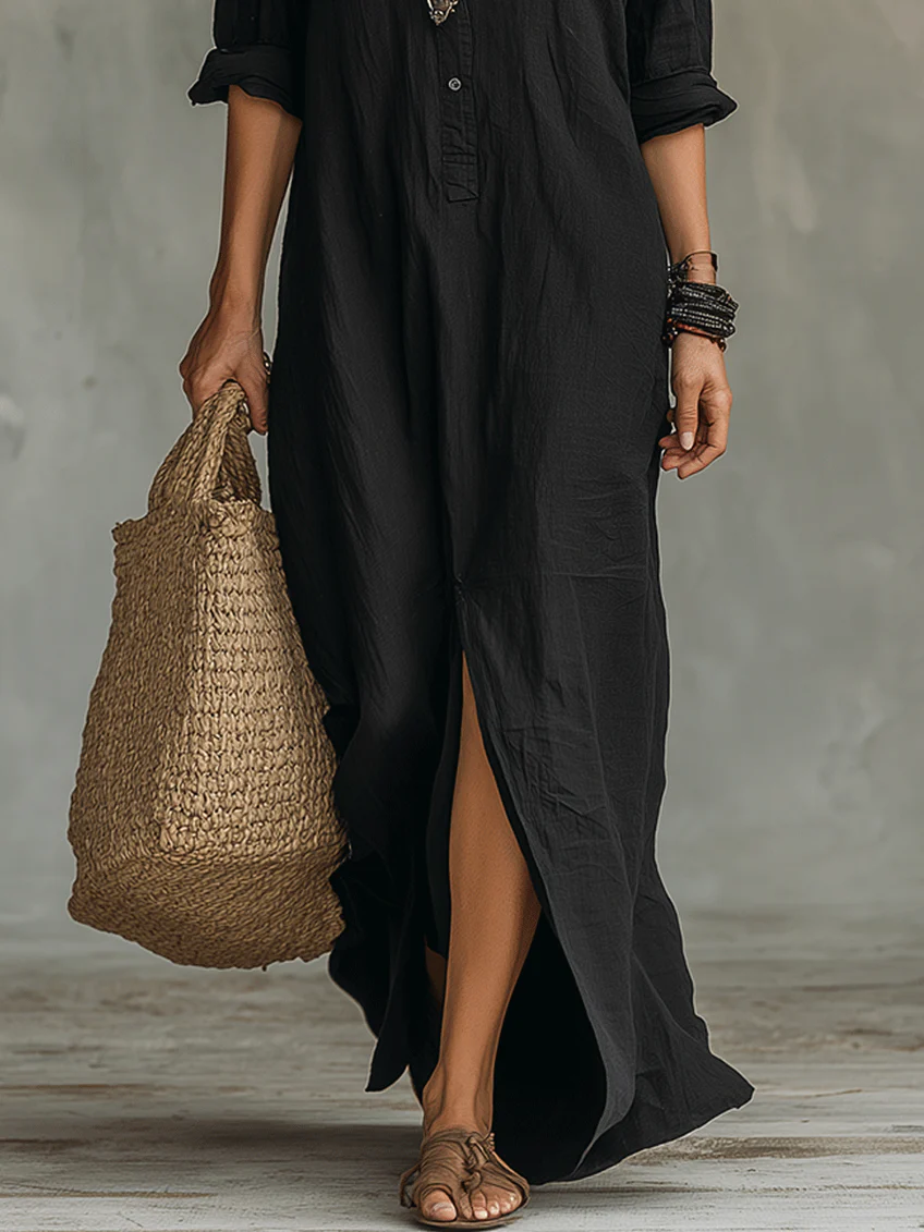 Hjördis™ Vestido largo negro con botones