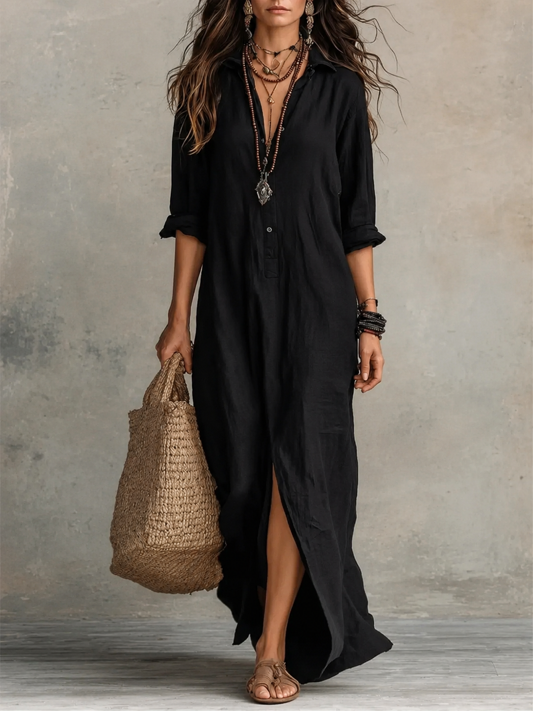 Hjördis™ Vestido largo negro con botones