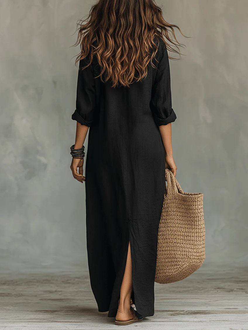 Hjördis™ Vestido largo negro con botones