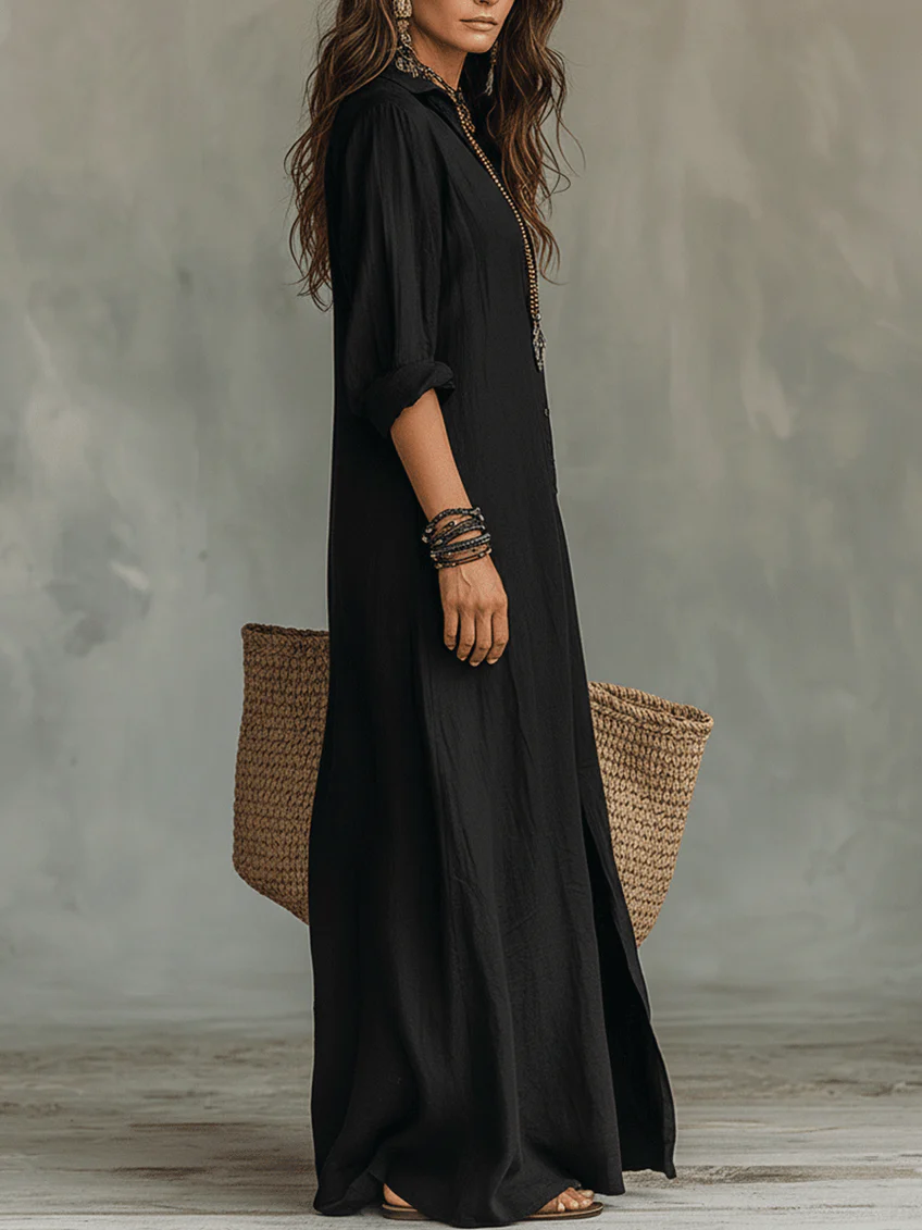 Hjördis™ Vestido largo negro con botones