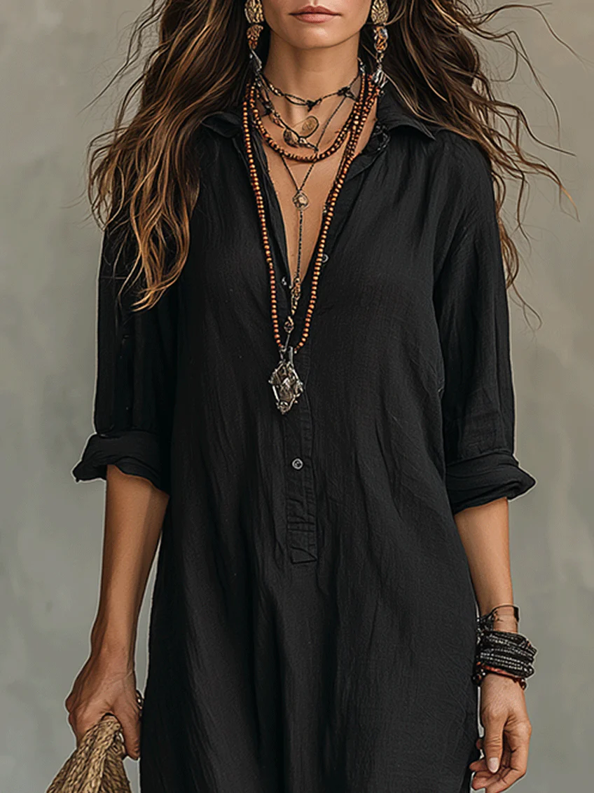 Hjördis™ Vestido largo negro con botones