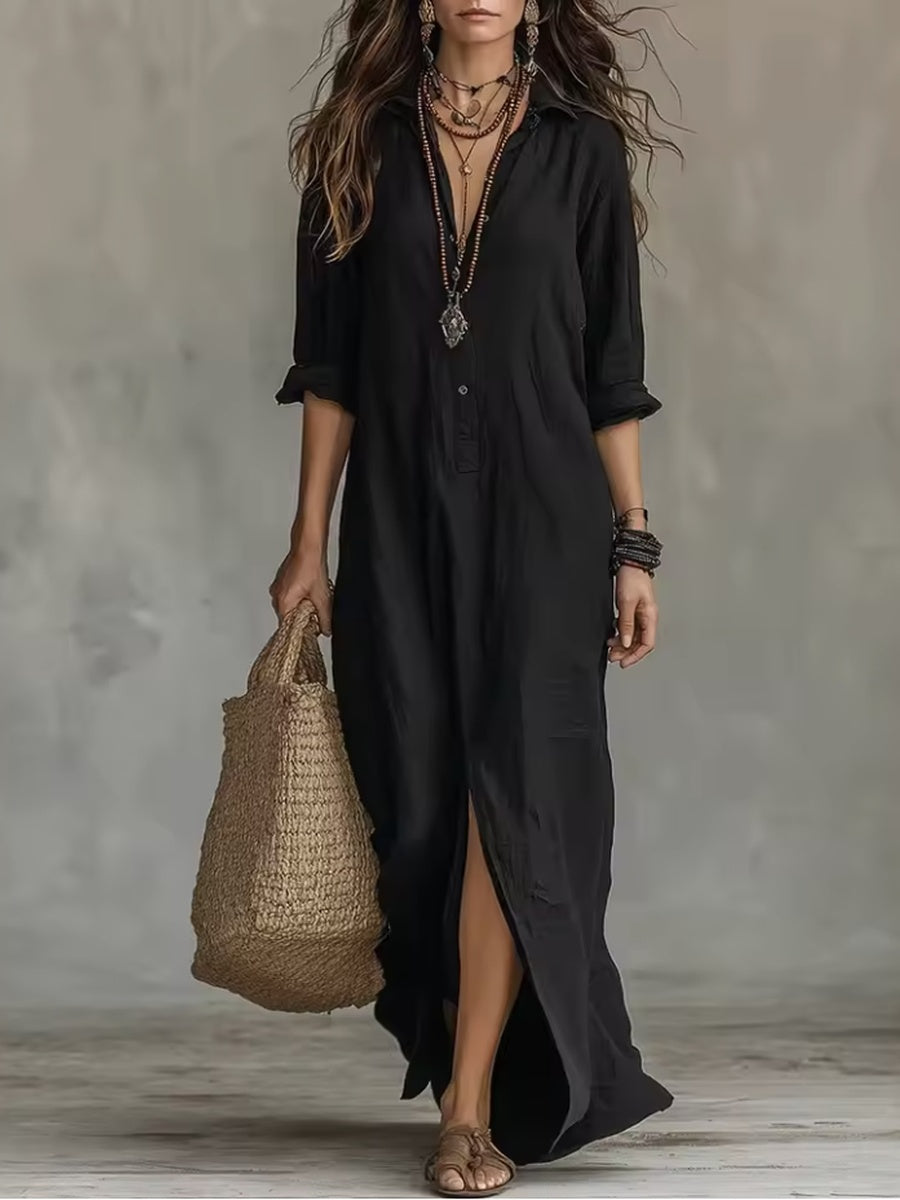 Hjördis™ Vestido largo negro con botones